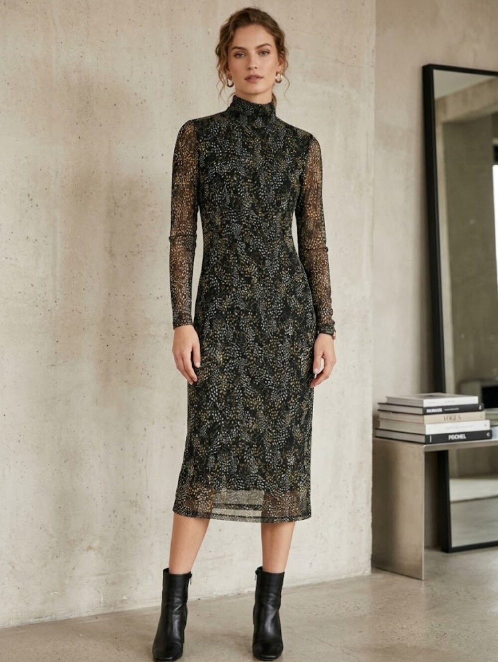 NWT Nine West Printed Mesh Mock Neck Midi Dress